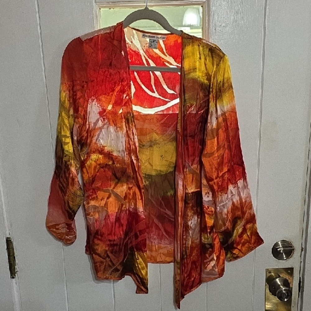 Aliki Yamani Creations Womens Silk Blend Shirt Jacket Sheer Fall Colors Sz L EUC